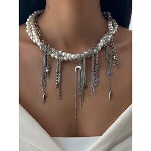 Vanguard Pearl & Layered Silver Chain Fringe Choker Statement Necklace Elevate